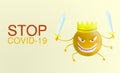 Stop covid-19 - word Corona virus cartoon orange with sword isolated with color background. covid-19. Virus illustration. bad face