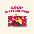 Stop Cyberbullying text with sad woman sitting on laptop. Social media bullying, Cyber bullying.