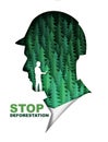 Stop deforestation poster banner template. Paper cut green fir trees inside of man head vector illustration. Save forest