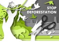 Stop deforestation poster. Jungle animals looking at scissors cutting rainforest tree, vector paper cut illustration.