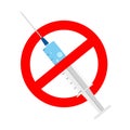 Stop drug. Sign of danger with syringe. Icon of forbidden of injection. Anti narcotic concept. Label for ban addict. Warning about Royalty Free Stock Photo