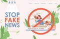 Stop fake news in tv and internet vector flat landing page template. Stop hoax and check the news website template.