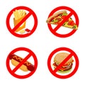 Stop fast food. Diet sign. Ban unhealthy food. It is forbidden t