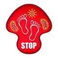 Stop foot nail fungus infection flat vector sign. Red mushroom with footprints and fungal bacteria in it Royalty Free Stock Photo