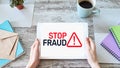 Stop Fraud banner on screen. Cybercrime and internet security concept.