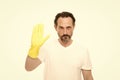 stop getting dirty. mature man wear rubber gloves. man cleaning home. care your hands while washing dishes. hand skin