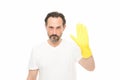 Stop getting dirty. mature man wear rubber gloves. man cleaning home. care your hands while washing dishes. hand skin