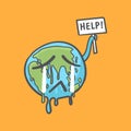 Stop global warming, Earth globe crying and holding a help sign doodle cartoon.