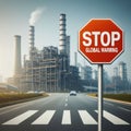 Stop Global Warming Sign with industrial processing plant background