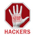 Stop hackers conceptual illustration. Open hand with the text stop hackers