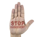 Stop harassment words written on male`s hand. on white background Royalty Free Stock Photo