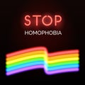 Stop homophobia card. Vector neon LGBT flag