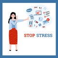 Stop informational stress banner with cartoon woman vector illustration isolated.