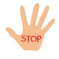 Stop inscription on hand. Blocking gesture. Failure refuse rejection sign. Vector illustration Royalty Free Stock Photo