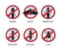 Stop Insect Ban Sign with Red Cross Circle and Bug Inside Vector Set