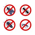 Stop insects. Cockroach, mosquito, ant, moth silhouettes. Warning prohibited sign, anti insect vector icons