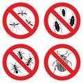 Stop insects. Tick, bugs and mosquito silhouettes. Warning prohibited sign, anti insect vector icons Royalty Free Stock Photo