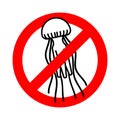 Stop Jellyfish. Forbidden red road sign. Ban Marine animal. No w