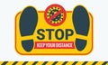 STOP. Keep your distance sticker yellow floor marking shoe prints. Social distancing Instruction Icon. Avoid the spread