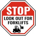 Stop look out for forklifts sign. Symbols safety for shipping declarations, traffic, transport, personnel, and businesses