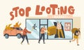 Stop Looting Concept. Aggressive Masked Characters Breaking Store Showcase for Steeling Goods, Damage Cars and Equipment