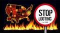 Stop looting sign on america map background. Places of protests. Vector illustration with fire Royalty Free Stock Photo