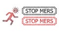 Stop Mers Grunge Badges with Notches and Running Covid Man Collage of Coronavirus Items
