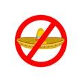 Stop migrants. Ban illegal migration. Red prohibition sign. National strikeout sombrero hat in Mexico