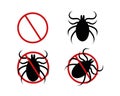 Stop mite icon set. Red forbidden sign, tick silhouette and two variations of pictogram for insect spray killer