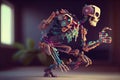 a stop-motion glitch effect in which a digital character slowly comes to life and moves its limbs