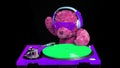 Teddy bear djing on turntables with headphones