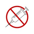 Stop narcotic symbol. Anti vaccination icon. No drugs concept. Syringe crossed by red prohibited sign isolated on white Royalty Free Stock Photo