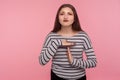 Stop, need break! Portrait of tired unhappy woman in striped sweatshirt showing time out gesture, warning of limits