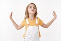 Stop it, not like. Serious-looking arrogant and moody little kid, blond girl restrain from everything raise nose and Royalty Free Stock Photo