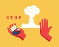 Stop nuclear weapons banner. Atomic bomb explosion, hand on a nuclear button, stop sign. No war flat vector illustration Royalty Free Stock Photo