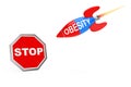 Stop Obesity Concept. Stop Sign Shield with Obesity Sign Rocket. 3d Rendering