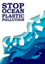 Stop ocean plastic pollution banner in paper cut style. Plastic bags float in sea, trash in water Royalty Free Stock Photo