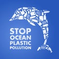 Stop ocean plastic pollution. Ecological poster. Dolphin composed of white plastic waste bag, bottle on blue background Royalty Free Stock Photo