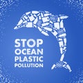 Stop ocean plastic pollution. Ecological poster Dolphin composed of white plastic waste bag, bottle on blue background Royalty Free Stock Photo