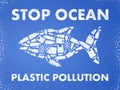 Stop ocean plastic pollution. Ecological poster Fish composed of white plastic waste bag, bottle on blue background Royalty Free Stock Photo