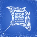 Stop ocean plastic pollution. Ecological poster Skate fish composed of white plastic waste bag, bottle on blue background. Plastic Royalty Free Stock Photo