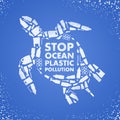 Stop ocean plastic pollution. Ecological poster. Turtle composed of white plastic waste bag, bottle on blue background Royalty Free Stock Photo