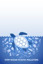 Stop ocean plastic pollution. Ecological poster. Turtle in water with white plastic waste bag, bottle on blue background. Copy Royalty Free Stock Photo