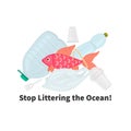 Stop ocean plastic pollution. The fish swims among the garbage. Marine life under threat. Waste in water Royalty Free Stock Photo