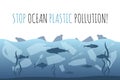 Stop ocean plastic pollution. Plastic garbage bag, bottle in the ocean graphic design. Water waste problem creative