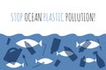 Stop ocean plastic pollution. Plastic garbage bag, bottle in the ocean graphic design. Water waste problem creative