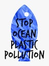 Stop ocean plastic pollution vector illustration. Ecological poster Fish composed of 3d realistic plastic waste bag. Message