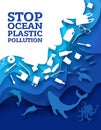 Stop ocean plastic pollution, vector paper cut illustration