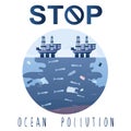 Stop ocean pollution card template. Offshore Oil Rigs and underwater wildlide. Living and dead fish swim in polluted water Royalty Free Stock Photo