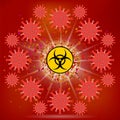 Stop Pandemic Novel Coronavirus Sign and Biohazard Logo on Red Background. COVID-19